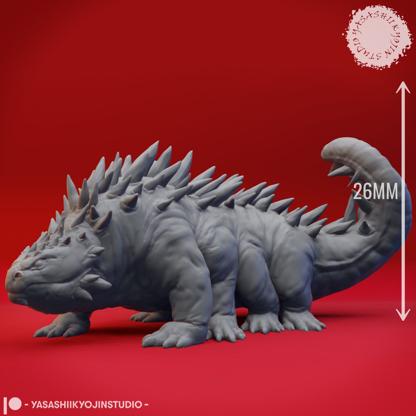Grey unpainted resin digital render of a basilisk miniature by Yasashii Kyojin Studio in profile view with a 26mm height scale reference arrow, showing the creature's low-slung spined body and raised curled tail