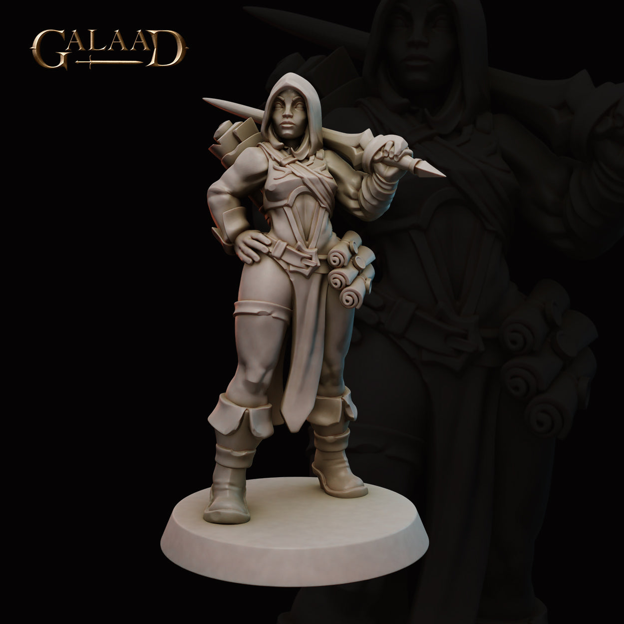 Front view of an unpainted grey resin miniature of a hooded female human battlemage, standing with one hand on her hip and a dagger levelled in her right hand, with a scroll or bolt quiver rising behind her shoulder and layered split coat with knee armour — 32mm scale by Galaad Miniatures