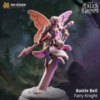 Battle Bell Fairy Knight by DM Stash — rear view showing the two large segmented butterfly wings spread wide, billowing cloak with floral detail, and the armoured back of the figure balanced on a sword-pillar base.
