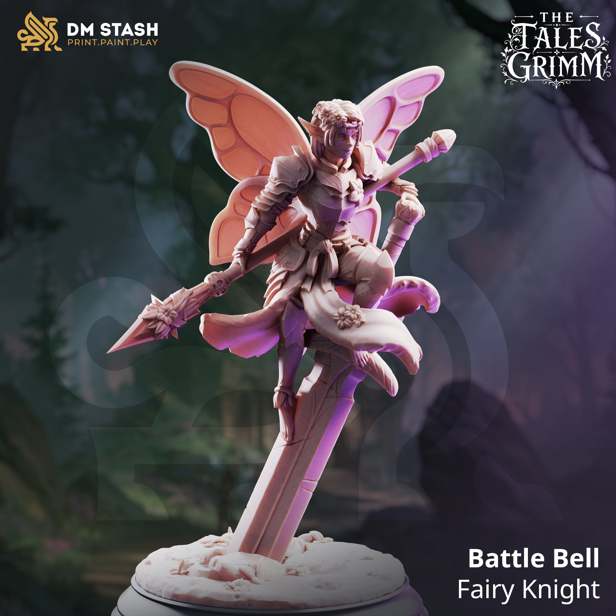 Battle Bell Fairy Knight by DM Stash — rear view showing the two large segmented butterfly wings spread wide, billowing cloak with floral detail, and the armoured back of the figure balanced on a sword-pillar base.