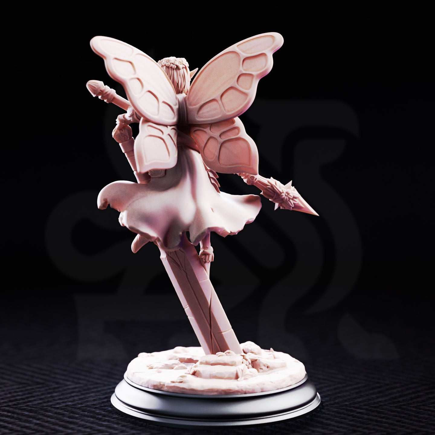 Battle Bell Fairy Knight by DM Stash — winged fairy warrior in floral armour posed mid-leap, wielding a barbed blossom lance and carrying a round shield, flower crown on her head, in pink resin.