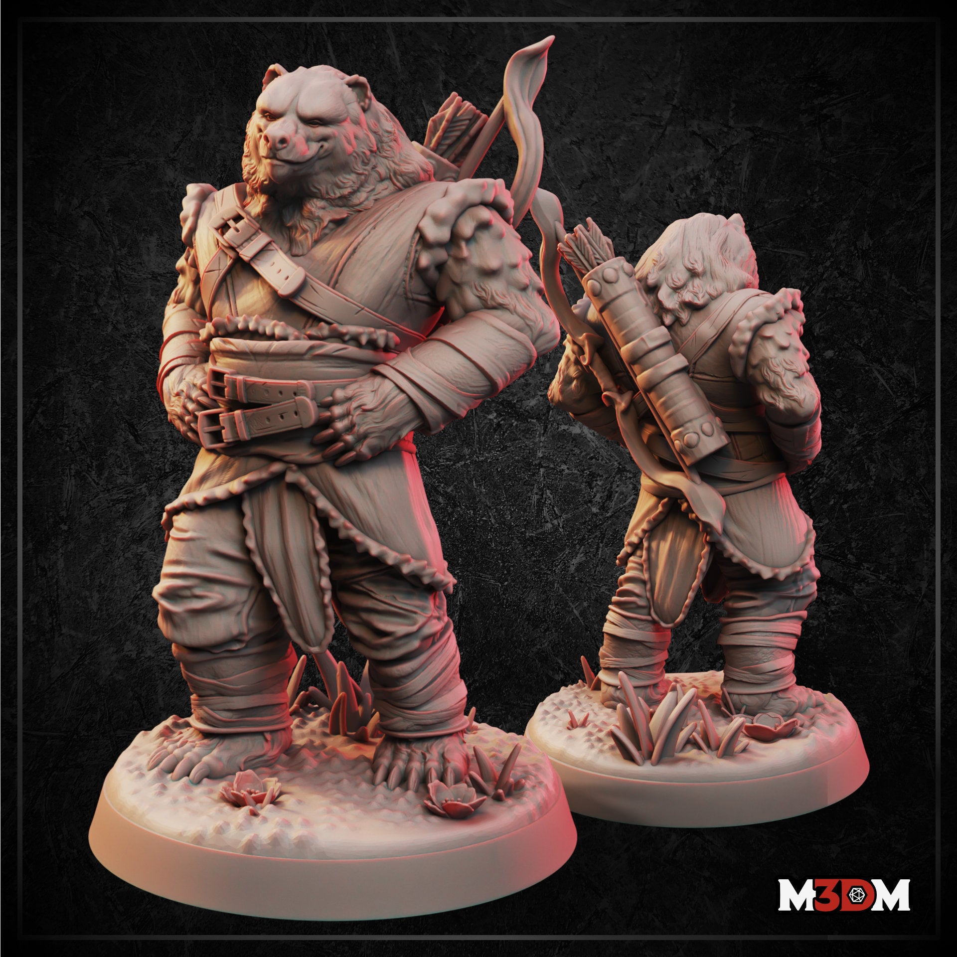 Two unpainted grey resin Bearfolk Ranger miniatures shown front and back — a large bear-folk figure in layered leather armour with buckled chest strapping, carrying a bow and arrow quiver, standing on a detailed naturalistic base with small plants and crystals