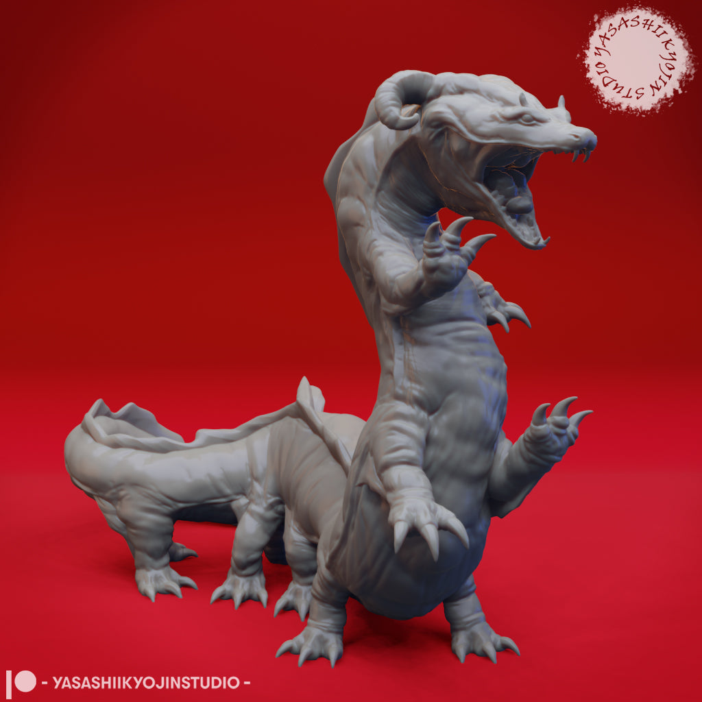 Grey resin 3D printed Behir miniature by Yasashii Kyojin Studios — large serpentine creature with twelve legs, curved horns, and open jaws posed in a rearing roar against a red background