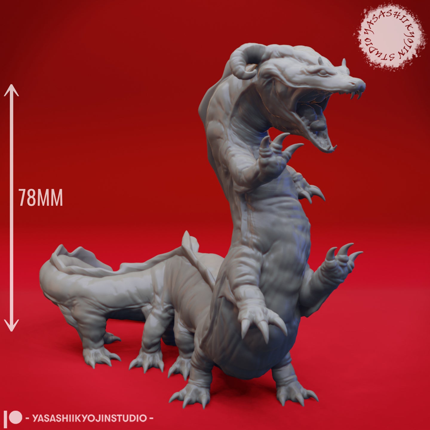 Side-on view of the Behir miniature showing its full 78mm height, elongated muscular body, clawed limbs, and dorsal ridges — unpainted grey resin sculpt by Yasashii Kyojin Studios