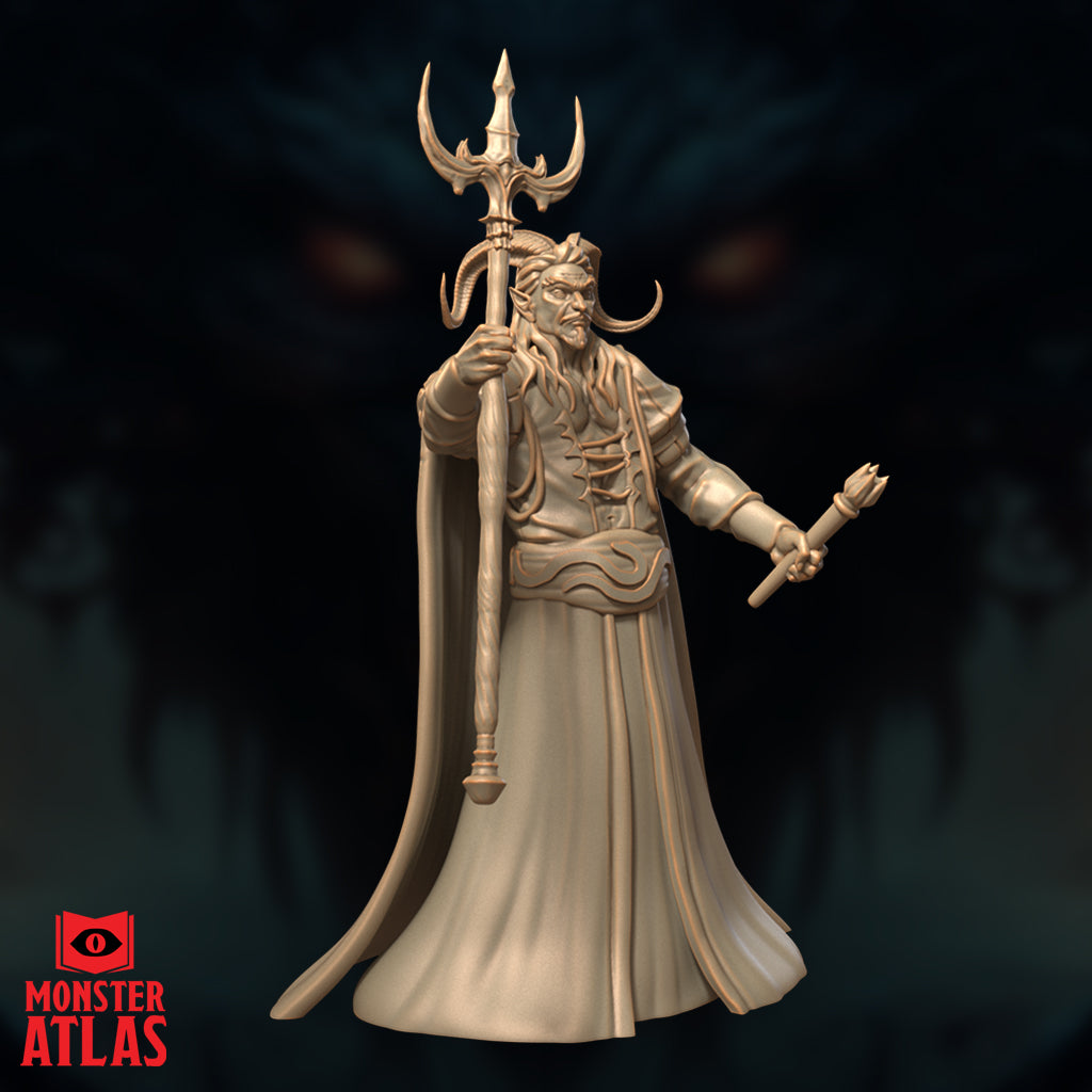 Unpainted resin miniature of Belial the Archdevil by Monster Atlas — a second pose showing the horned infernal lord gripping his ornate trident-staff upright with both hands in a forward-leaning stance, robes flowing behind him. Render shown in warm tan against a dark atmospheric background.