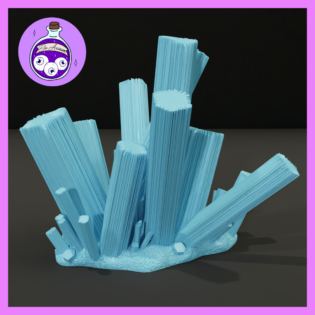 Digital render of a Beryl Crystal Cluster terrain piece — a grouping of tall striated crystal columns with sheared tops rising from a rough rocky base, printed in light blue resin, with smaller crystal shards clustered at the base. Ella's Arcanum logo visible in the top left corner.