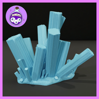 Digital render of a Beryl Crystal Cluster terrain piece — a grouping of tall striated crystal columns with sheared tops rising from a rough rocky base, printed in light blue resin, with smaller crystal shards clustered at the base. Ella's Arcanum logo visible in the top left corner.