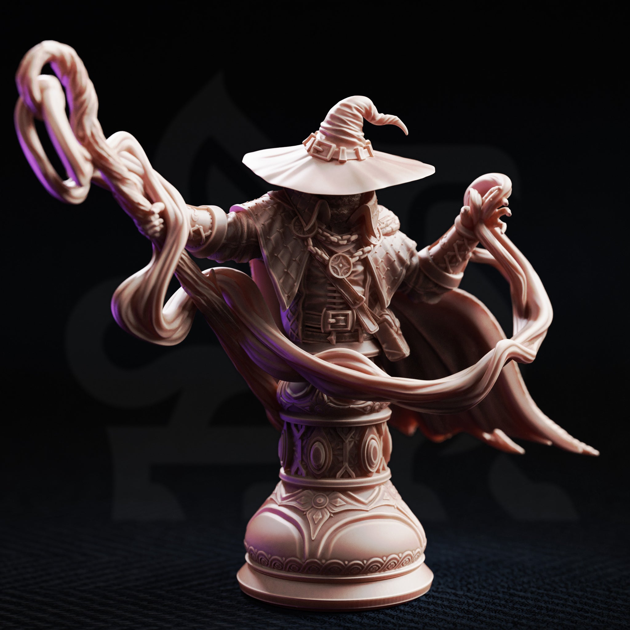 Front three-quarter view of Big Hat Harrison bust highlighting the looping arcane energy coils around both arms, the shadowed face beneath the wide wizard hat, and the intricate arcane motif detailing on the ornamental display plinth