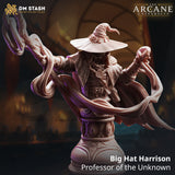 Front view render of Big Hat Harrison display bust — an unpainted resin wizard bust with a wide-brimmed peaked hat, quilted robes, arcane pendant, and dramatic swirling magical tendrils extending from both hands, mounted on an ornate carved plinth
