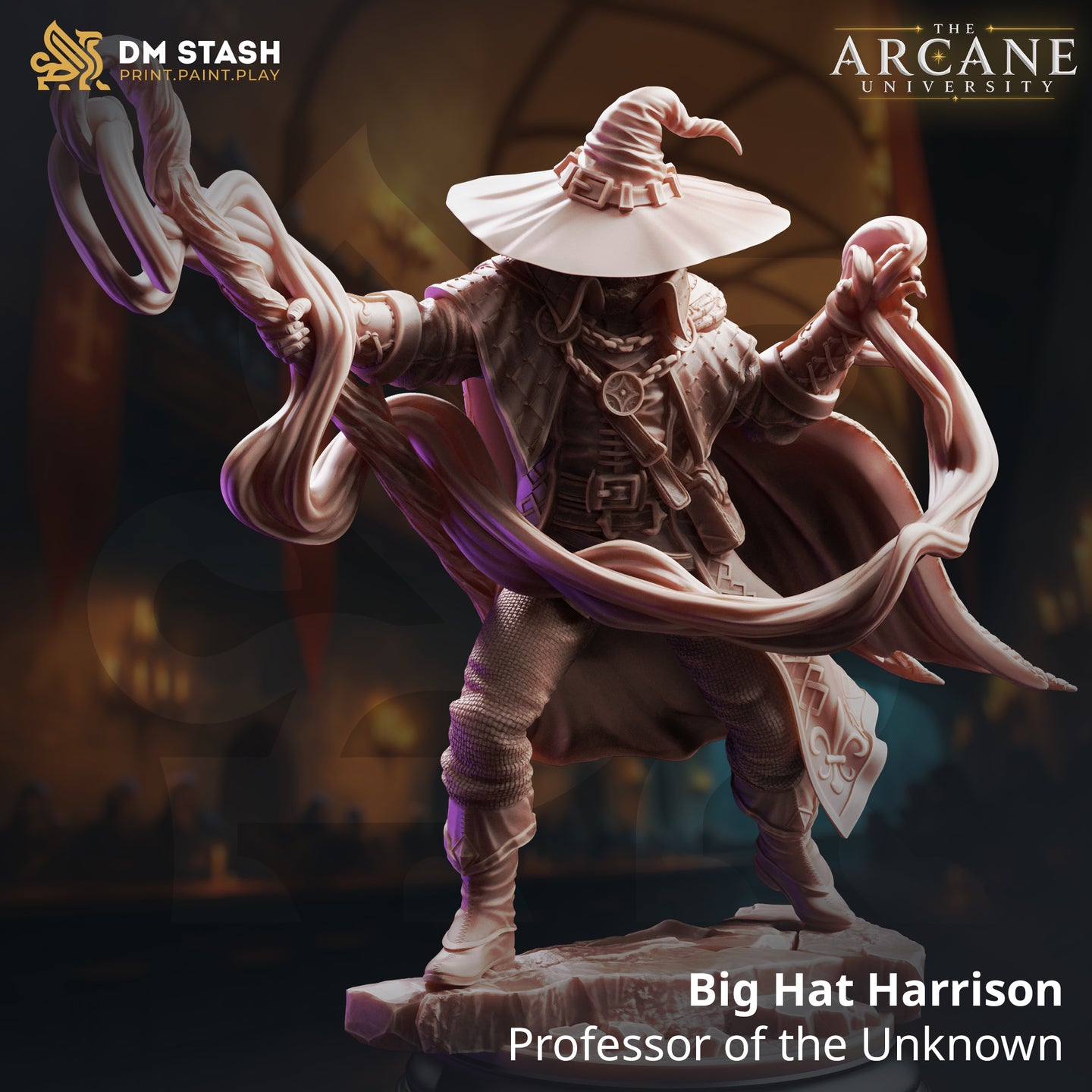 Front three-quarter render of Big Hat Harrison, Professor of the Unknown — an unpainted 32mm resin miniature by DM Stash. The wizard stands in a wide, dynamic stance with both arms outstretched, channelling two writhing tendrils of arcane energy. He wears a wide-brimmed witch's hat with arcane banding, a layered coat with buckles and medallion, and a sweeping cape. Background shows a dimly lit arcane hall.