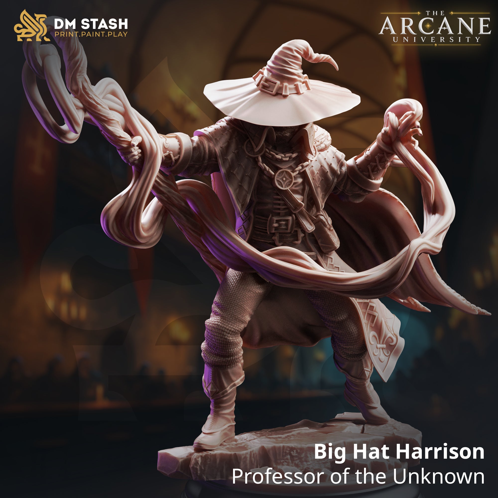 Front three-quarter render of Big Hat Harrison, Professor of the Unknown — an unpainted 32mm resin miniature by DM Stash. The wizard stands in a wide, dynamic stance with both arms outstretched, channelling two writhing tendrils of arcane energy. He wears a wide-brimmed witch's hat with arcane banding, a layered coat with buckles and medallion, and a sweeping cape. Background shows a dimly lit arcane hall.