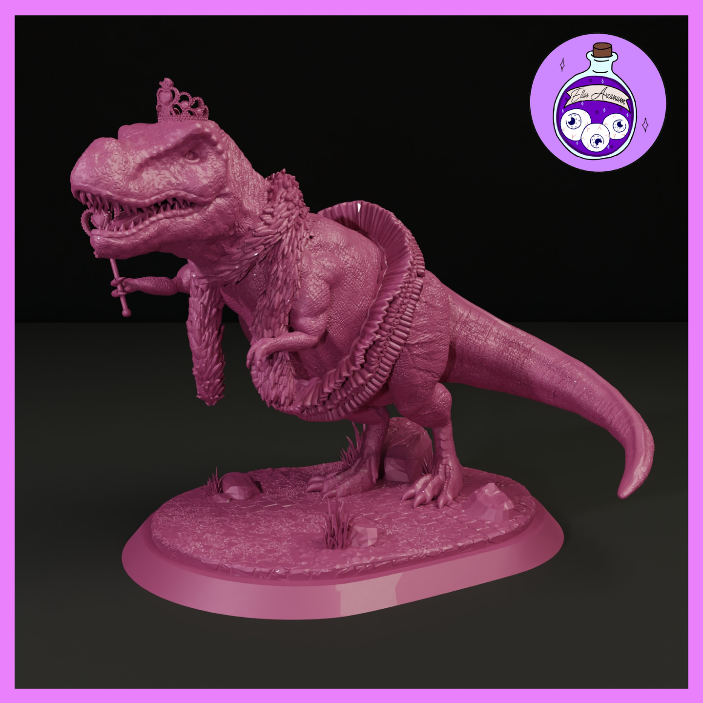 Unpainted pink resin display miniature of Big Tina at 1:12 scale — a large T-Rex wearing a delicate tiara crown, holding an ornate sceptre in one small forearm, feathered ruff around the neck, posed low and forward in a powerful threatening stance over a detailed dungeon-floor base. Sculpted by Ella's Arcanum Minis.