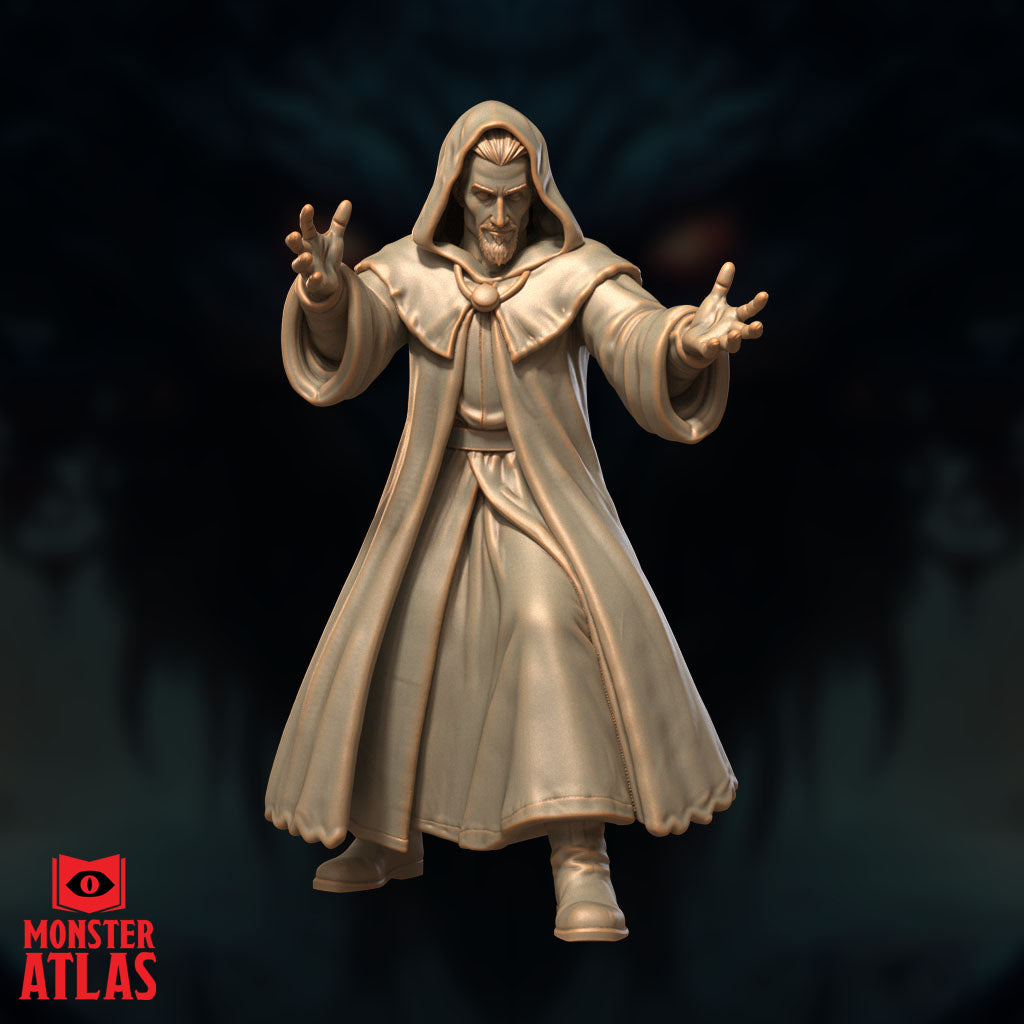 Front-facing render of the Archmage miniature by Monster Atlas — hooded robed figure with both arms raised symmetrically and fingers spread wide in a casting pose, 32mm scale, unpainted gold resin