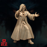 Front-facing render of the Archmage variant 02 by Monster Atlas — hooded spellcaster leaning forward with one hand pointing directly toward the viewer and the other extended outward, robes with deep sculpted folds, unpainted gold resin