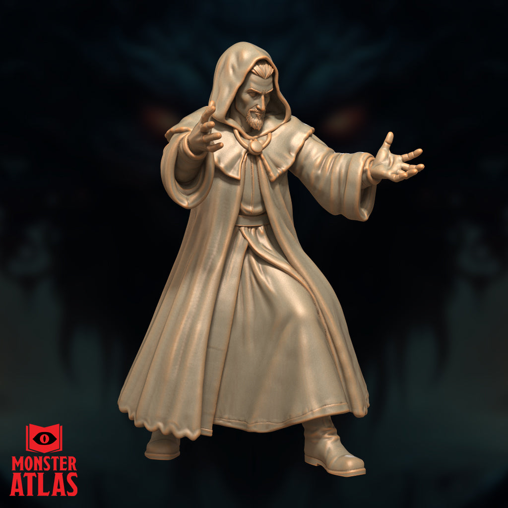 Front-facing render of the Archmage variant 02 by Monster Atlas — hooded spellcaster leaning forward with one hand pointing directly toward the viewer and the other extended outward, robes with deep sculpted folds, unpainted gold resin