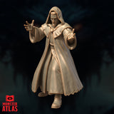 Three-quarter view render of the Archmage variant 03 by Monster Atlas — dynamic casting pose with the cloak swept back, both hands raised at different heights, sharp facial features visible beneath the hood, unpainted gold resin