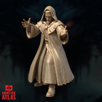 Three-quarter view render of the Archmage variant 03 by Monster Atlas — dynamic casting pose with the cloak swept back, both hands raised at different heights, sharp facial features visible beneath the hood, unpainted gold resin