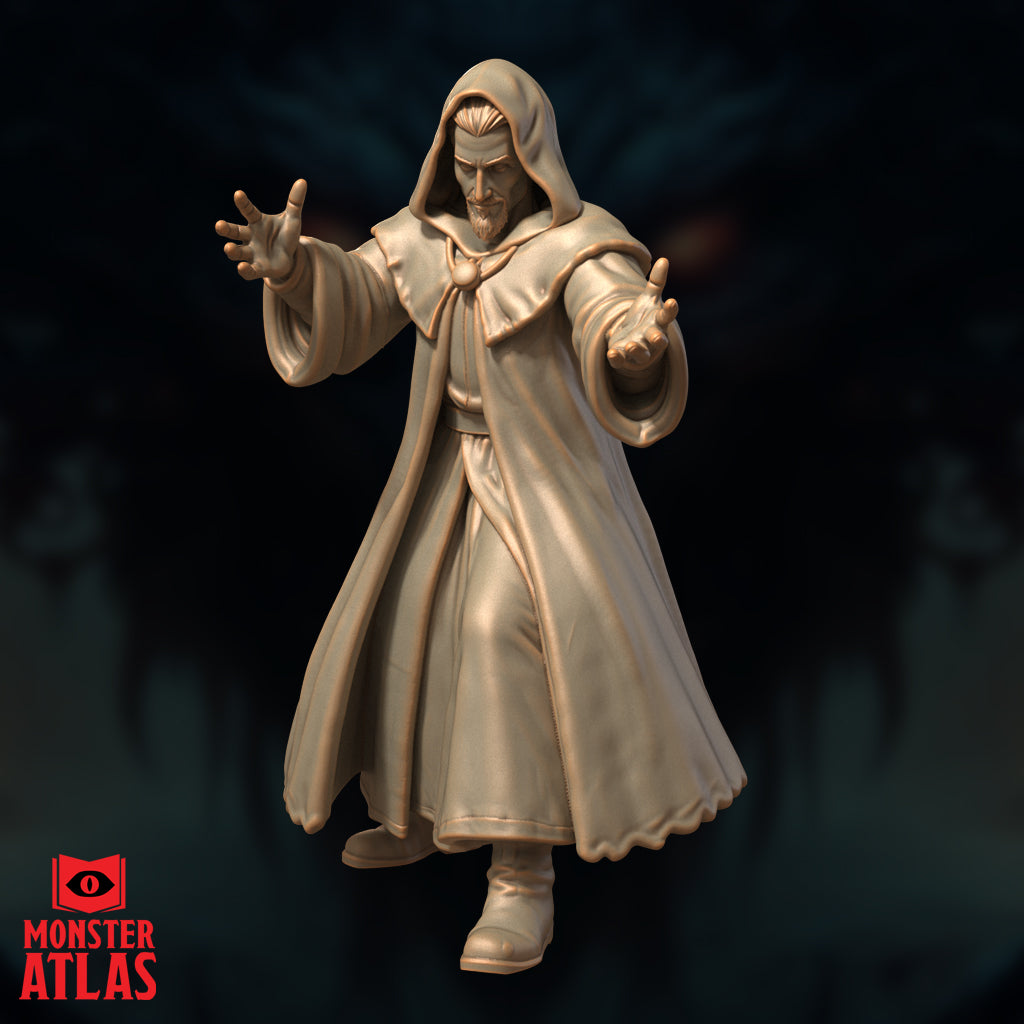 Three-quarter view render of the Archmage variant 03 by Monster Atlas — dynamic casting pose with the cloak swept back, both hands raised at different heights, sharp facial features visible beneath the hood, unpainted gold resin