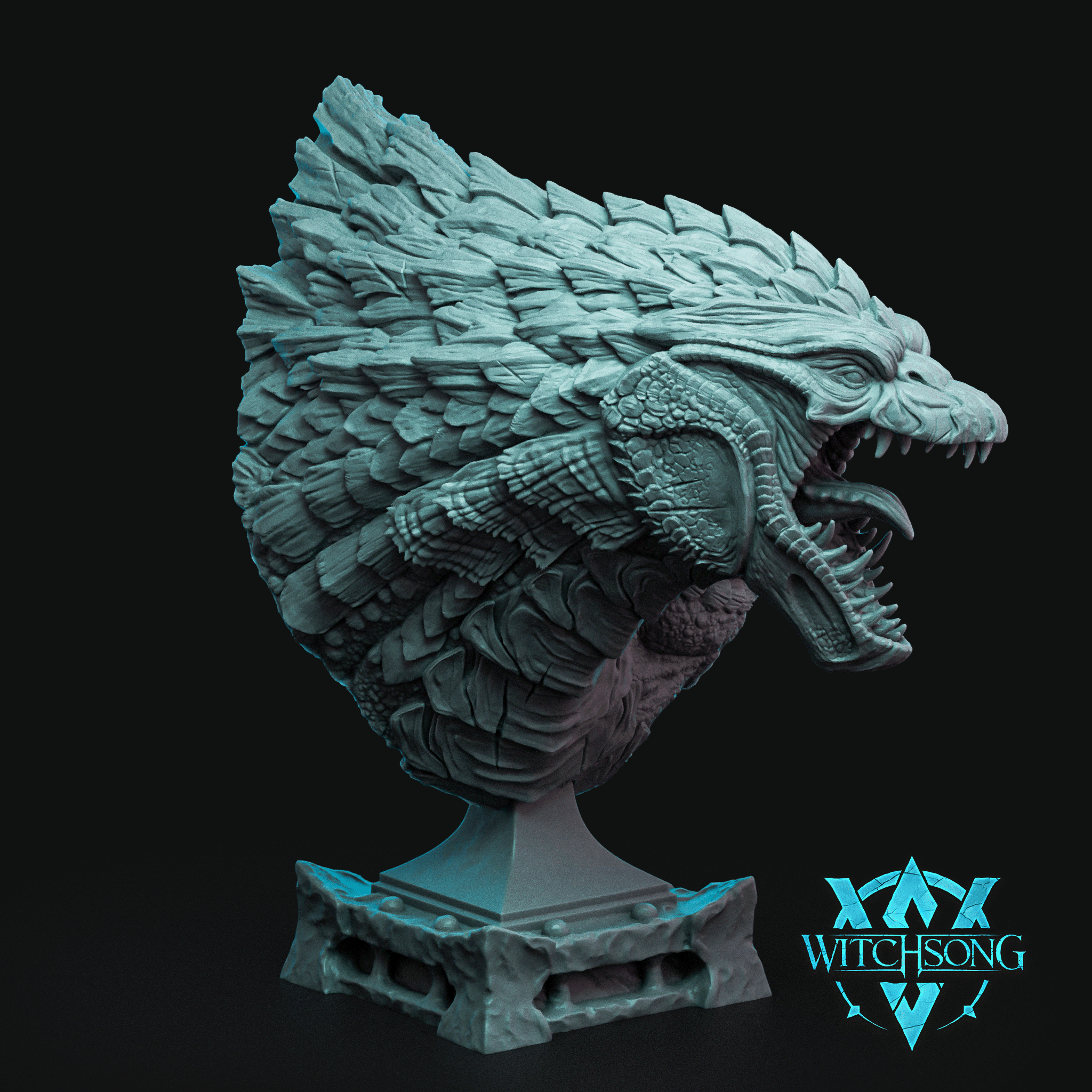 Ferocious amphibian dragon bust with wide-open fanged jaws, dense overlapping scale crests across the skull, and coarse reptilian neck texture, mounted on a sculpted decorative base. By Witchsong Miniatures.