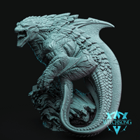 Massive amphibious kaiju miniature rearing upright with jaws wide open, overlapping dorsal spines, swept bat-like wings, thick coiled tail, and a rocky wave-churned base. Sculpt by Witchsong Miniatures.