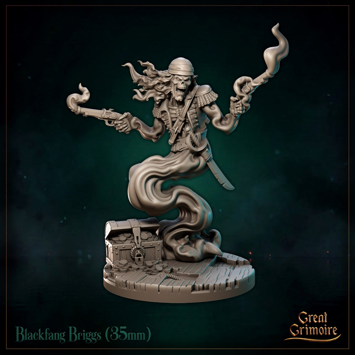 Skeletal undead pirate captain rising from an open treasure chest, wielding twin smoking flintlock pistols, lower body dissolving into ghostly smoke coils. Wild hair streams behind epaulette-clad shoulders. Sculpt by Great Grimoire.