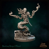 Skeletal undead pirate captain rising from an open treasure chest, wielding twin smoking flintlock pistols, lower body dissolving into ghostly smoke coils. Wild hair streams behind epaulette-clad shoulders. Sculpt by Great Grimoire.