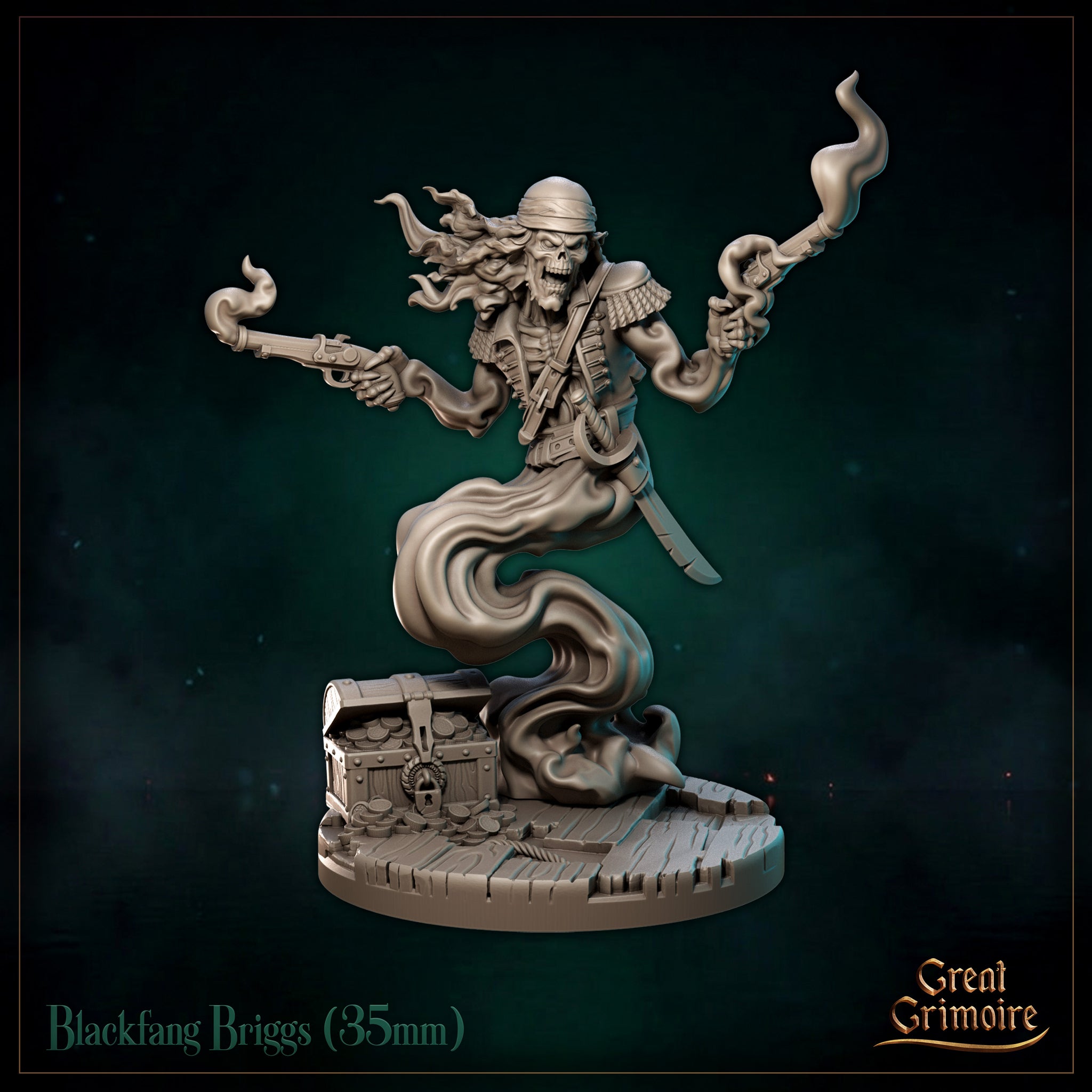 Skeletal undead pirate captain rising from an open treasure chest, wielding twin smoking flintlock pistols, lower body dissolving into ghostly smoke coils. Wild hair streams behind epaulette-clad shoulders. Sculpt by Great Grimoire.