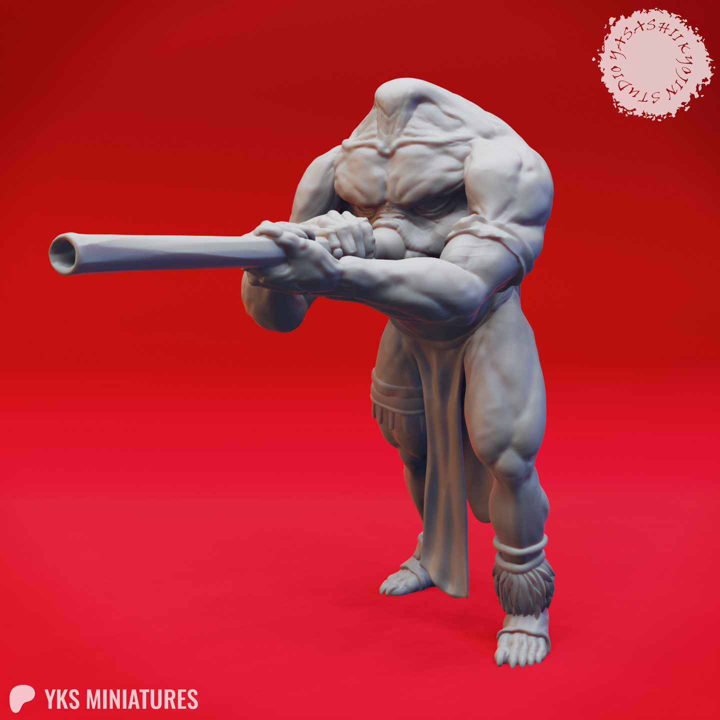 Front-facing digital render of an unpainted grey resin Blemmye miniature — a headless humanoid with a massively muscled torso, leaning forward in a crouched firing stance with both hands gripping a heavy blunderbuss aimed straight ahead. Clawed feet are bound with cloth wrappings and the figure wears a fringed loincloth. Sculpted by Yasashii Kyojin Studios.