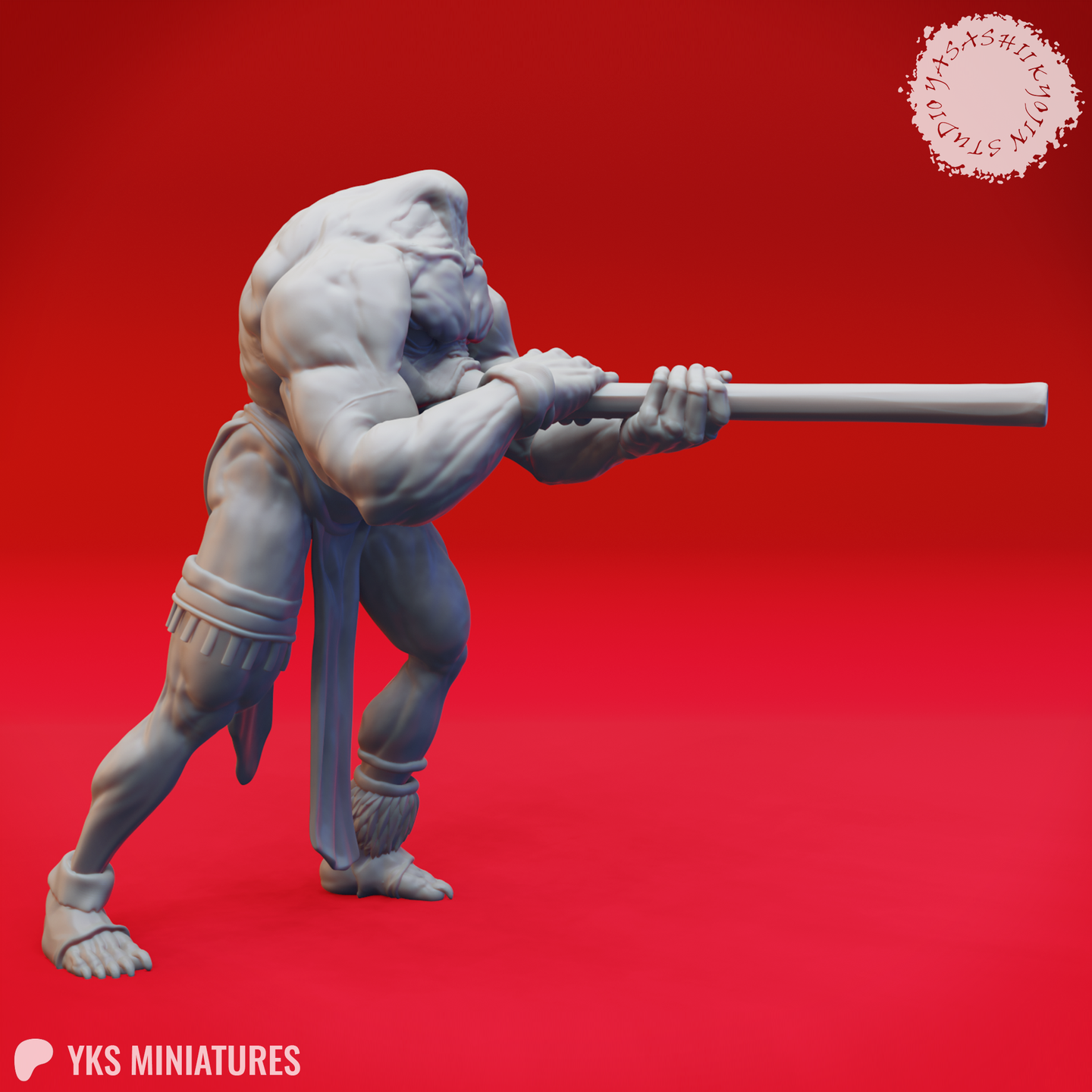 Side-angle digital render of the same unpainted grey Blemmye miniature showing the powerful back muscles, the wide firing stance with one leg forward, and the full length of the blunderbuss barrel extending outward. The tribal cloth wrappings on the lower legs and the dynamic forward lean of the torso are clearly visible. Sculpted by Yasashii Kyojin Studios.