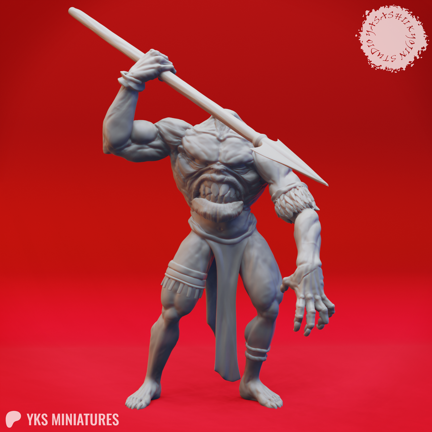 Front view of an unpainted grey resin Blemmye miniature by Yasashii Kyojin Studios — a headless humanoid brute with a face set in its chest, spear raised overhead in a throwing pose, claws of the free hand splayed wide, wearing a loincloth and bound wrist wraps