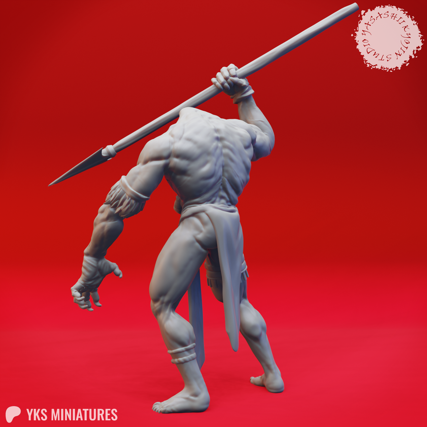 Rear three-quarter view of the same unpainted grey resin Blemmye miniature, showing the broad muscled back, the dramatic overhead arc of the spear, bound wrist cuffs, and wide throwing stance with clawed feet planted on the ground