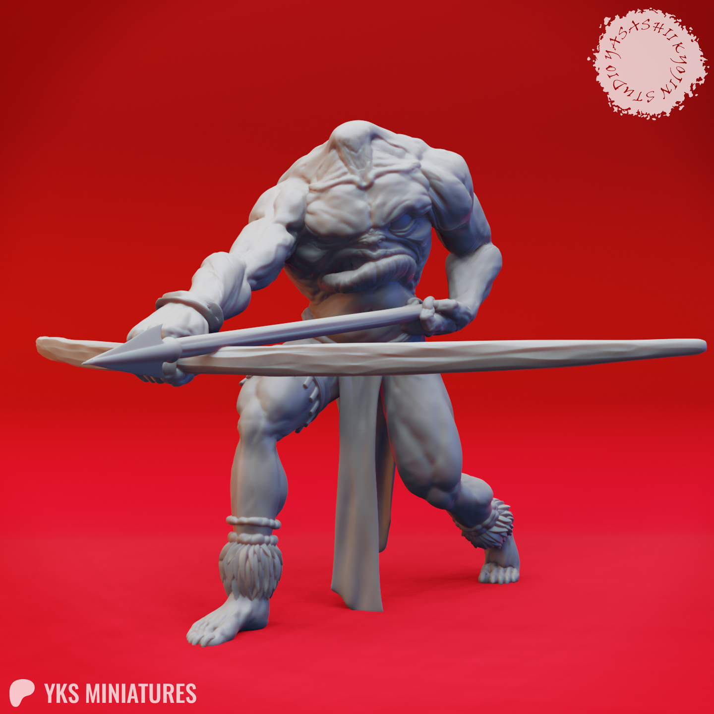 Unpainted grey resin render of Blemmye 03 miniature by Yasashii Kyojin Studios — a headless muscular warrior in a wide combat stance gripping a long barbed spear horizontally, frayed cord ankle bindings and clawed bare feet visible, face set into the chest with heavy brow and tusked jaw, viewed from the front-left