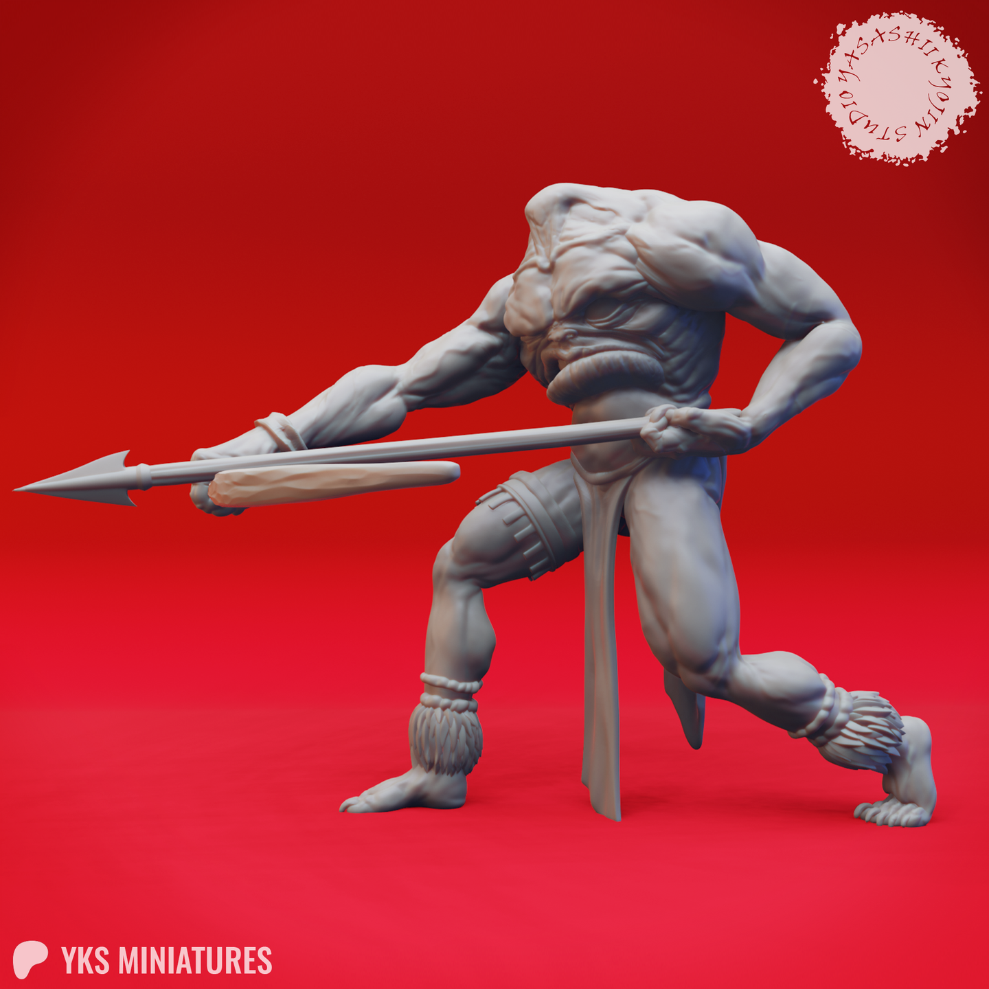 Unpainted grey resin render of Blemmye 03 miniature by Yasashii Kyojin Studios — deep lunge pose with the warrior thrusting a barbed longspear forward at low level, right knee almost to the ground, powerful back muscles visible, face-chest anatomy clearly detailed, viewed from the right side
