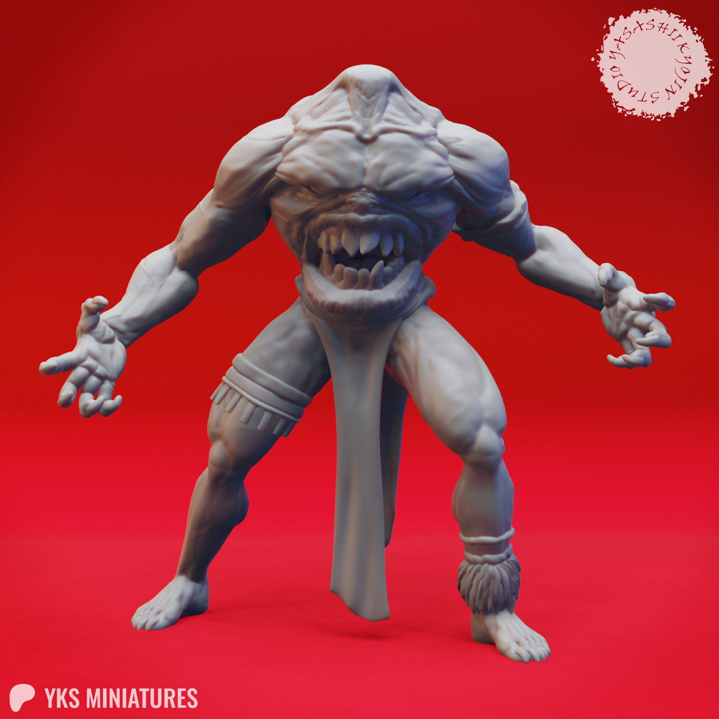 Front-facing render of a Blemmye miniature — a large headless humanoid with a fanged mouth on its chest, arms spread wide in a threatening stance, wearing a simple loincloth and leg wrappings, unpainted grey resin, 32mm scale by Yasashii Kyojin Studios
