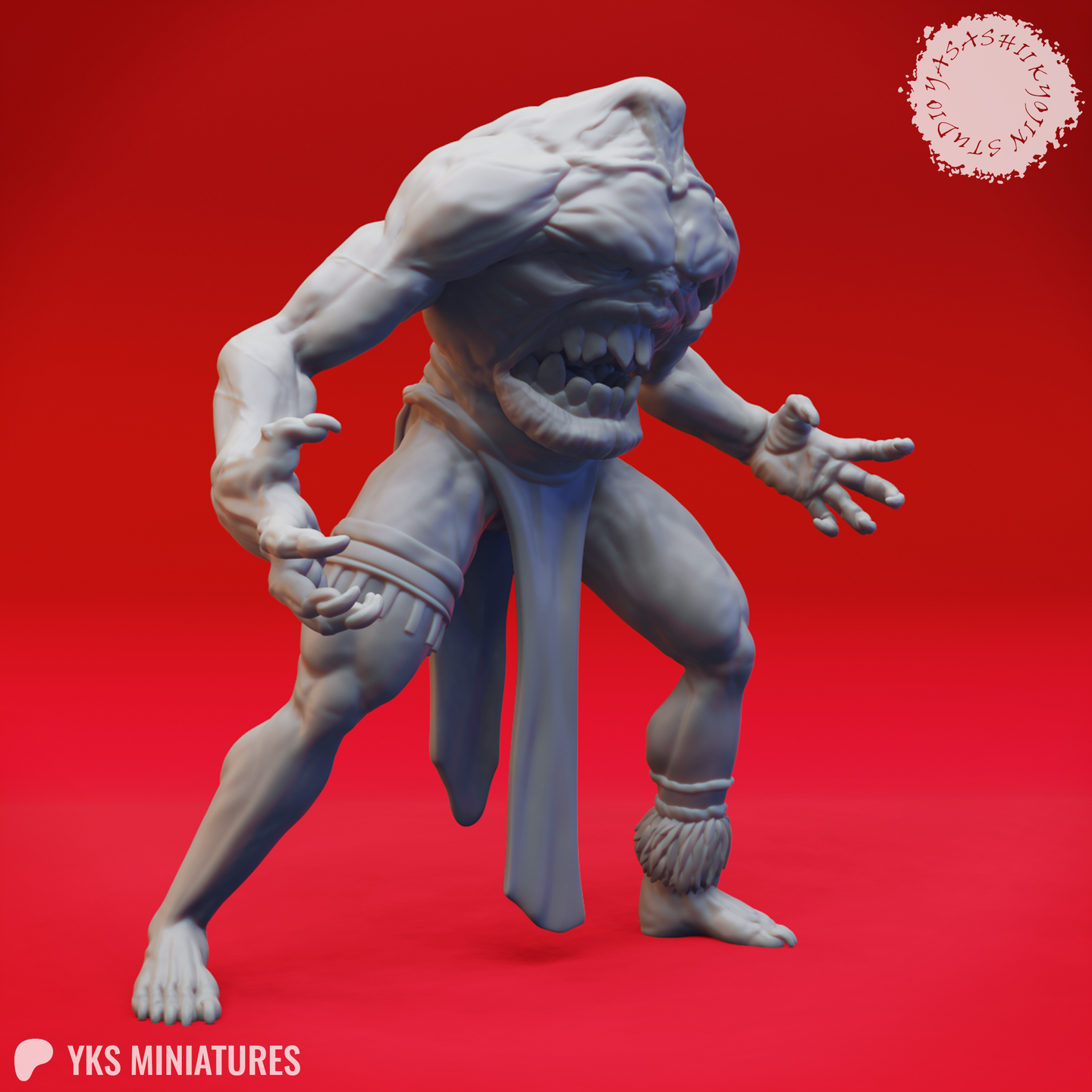 Three-quarter view render of a Blemmye miniature mid-lunge — torso low, one arm sweeping forward, fanged chest-face snarling, bare clawed feet, unpainted grey resin, 32mm scale by Yasashii Kyojin Studios