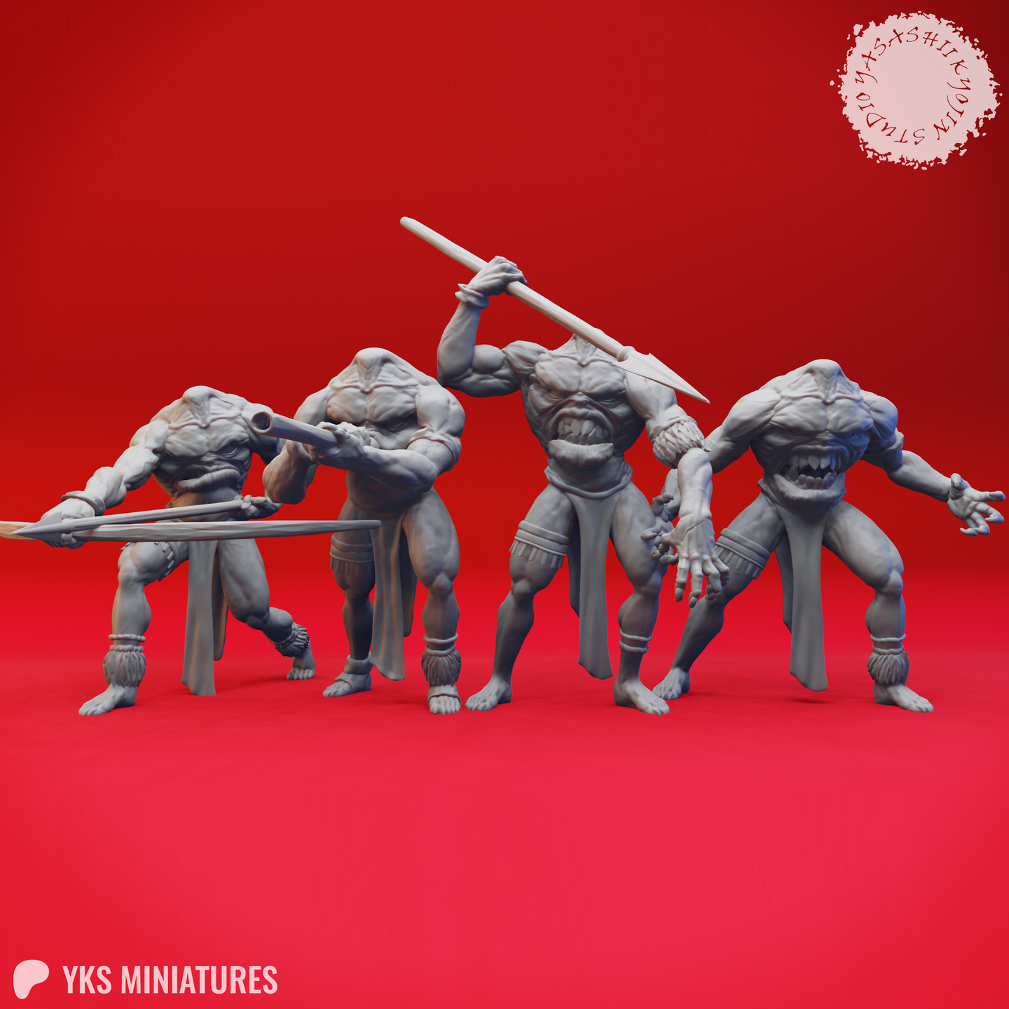 Four unpainted grey resin Blemmye miniatures in a group render against a red background — left to right: a spear-sweeping warrior, a crouching blowgun shooter, an overhead spear striker with mouth open in a roar, and a claw-lunging figure with arms spread wide; all feature the classic headless chest-face design with bound ankle wraps and loincloth skirts