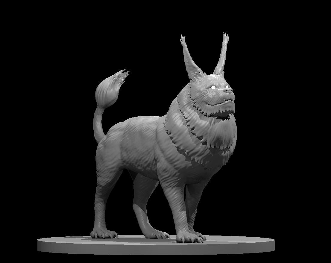 Blink Dog Monarch miniature by MZ4250 — a large canine beast standing alert, with branching antlers, a heavy ruffled mane of jagged fur, curled clawed tail, and blank white eyes. Sculpt by MZ4250.