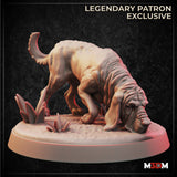 Digital render of a bloodhound miniature by M3DM in a nose-to-the-ground tracking pose, showing heavy wrinkled jowls, detailed skin folds, raised tail, and a naturalistic scenic base with small crystal formations — M3DM Legendary Patron Exclusive