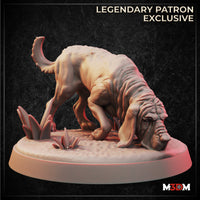 Digital render of a bloodhound miniature by M3DM in a nose-to-the-ground tracking pose, showing heavy wrinkled jowls, detailed skin folds, raised tail, and a naturalistic scenic base with small crystal formations — M3DM Legendary Patron Exclusive