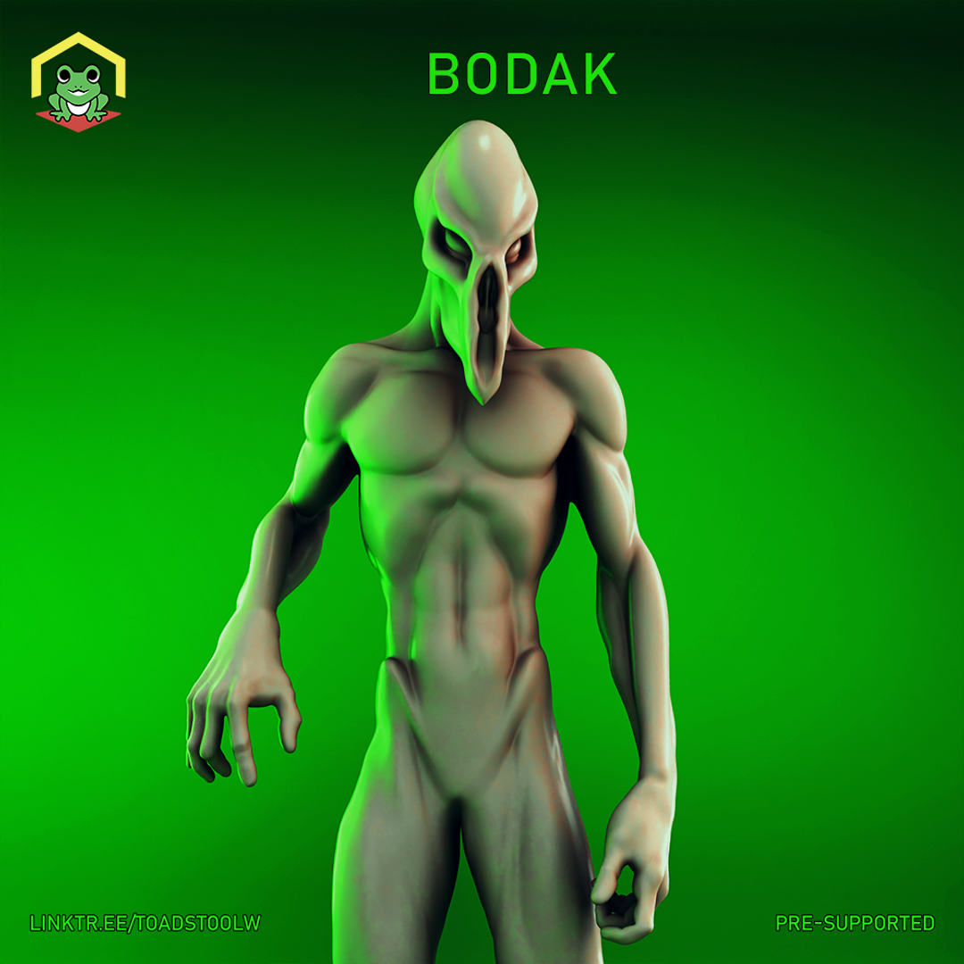 Digital render of a Bodak miniature by The Toadstool Weaver — a gaunt, pale humanoid with an elongated featureless skull, beak-like facial protrusion, glowing hollow eye sockets, and clawed hands, standing in a menacing forward-facing pose against a green background. 32mm scale D&D miniature, unpainted.