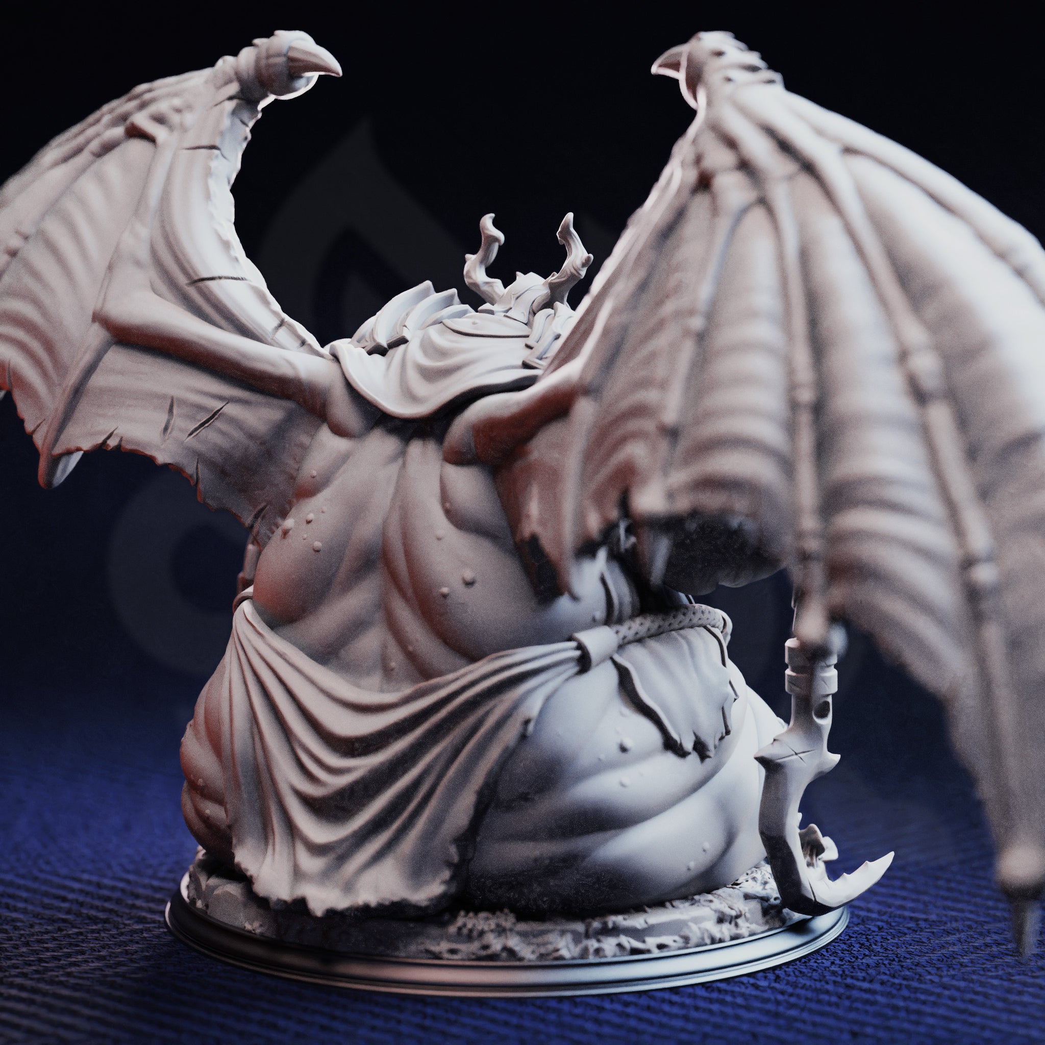 Rear three-quarter view of unpainted Bodge the Ravenous resin miniature highlighting the broad span of his leathery wings, the flowing back of his infernal robes, and the chain flail held low at his side