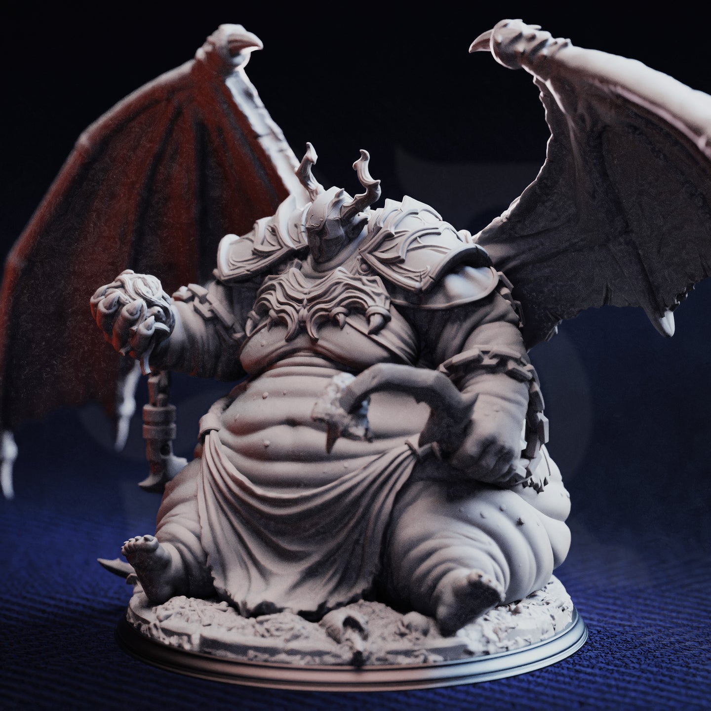 Front view of unpainted grey resin Bodge the Ravenous miniature showing full detail of his horned helm, layered chest armour, bloated robed torso, clawed hands, and outstretched bat-like wings on a rubble-strewn round base