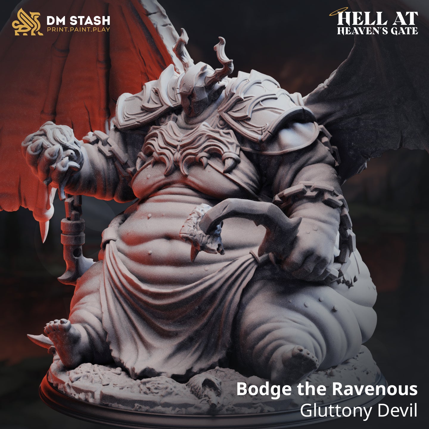 Unpainted grey resin miniature of Bodge the Ravenous, a large winged Gluttony Devil in ornate hellforged armour, seated and holding a skull-tipped chain flail, with flame-licked horns and massive leathery wings spread wide — product render with DM Stash and Hell at Heaven's Gate branding visible