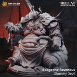 Unpainted grey resin miniature of Bodge the Ravenous, a large winged Gluttony Devil in ornate hellforged armour, seated and holding a skull-tipped chain flail, with flame-licked horns and massive leathery wings spread wide — product render with DM Stash and Hell at Heaven's Gate branding visible