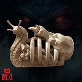 Digital render of the Bone Whelk miniature from Monster Atlas, shown in a side profile view. The ribcage shell is clearly visible with arching bone ribs, a skull and scattered bones within the cavity, and a skeletal creature draped over the top. The slug body and antennae are prominent. Unpainted tan render.