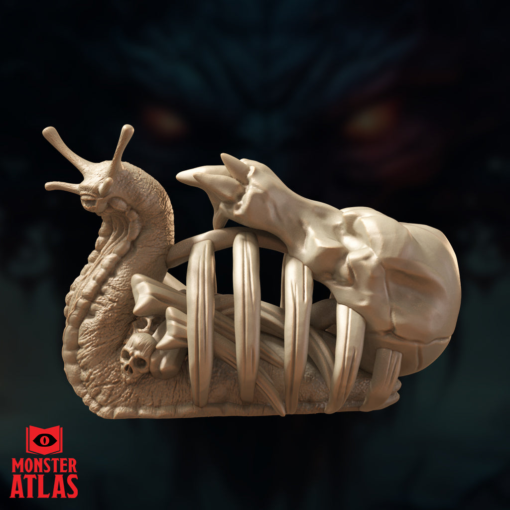 Digital render of the Bone Whelk miniature from Monster Atlas, shown in a side profile view. The ribcage shell is clearly visible with arching bone ribs, a skull and scattered bones within the cavity, and a skeletal creature draped over the top. The slug body and antennae are prominent. Unpainted tan render.