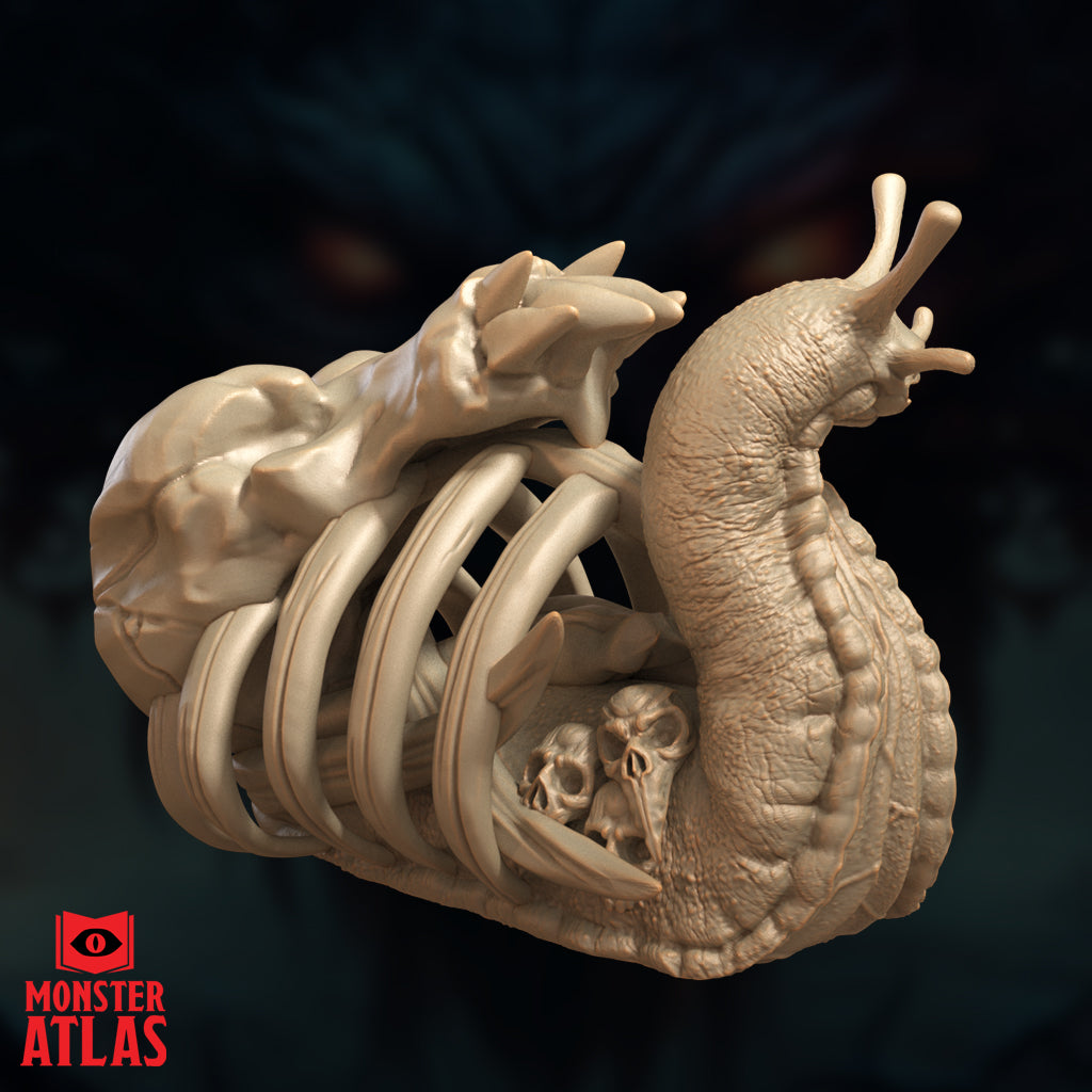 Digital render of the Bone Whelk miniature from Monster Atlas, shown from a three-quarter rear angle emphasising the slug body texture and the full ribcage shell structure. The nested skull inside the cage and the skeletal form atop the shell are clearly visible. Unpainted tan render.