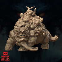 Front three-quarter view of the Brackish Trudge unpainted resin miniature — a massive low-slung beast with a tusked face, splayed clawed forelimbs, and a back densely covered in tumorous growths, fungal masses, and trailing tendrils. Monster Atlas sculpt.