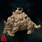 Side profile of the Brackish Trudge unpainted resin miniature — showing the creature's enormous fungus-encrusted dorsal mass, heavy four-legged stance, swept-back rear horn protrusions, and cyst-like nodule clusters across its flank. Monster Atlas sculpt.