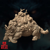 Side profile of the Brackish Trudge unpainted resin miniature — showing the creature's enormous fungus-encrusted dorsal mass, heavy four-legged stance, swept-back rear horn protrusions, and cyst-like nodule clusters across its flank. Monster Atlas sculpt.